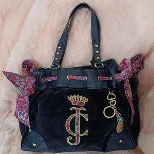Juicy Couture Daydreamer Tote Bag Purse Navy Blue Velour Double Bow Logo Charms